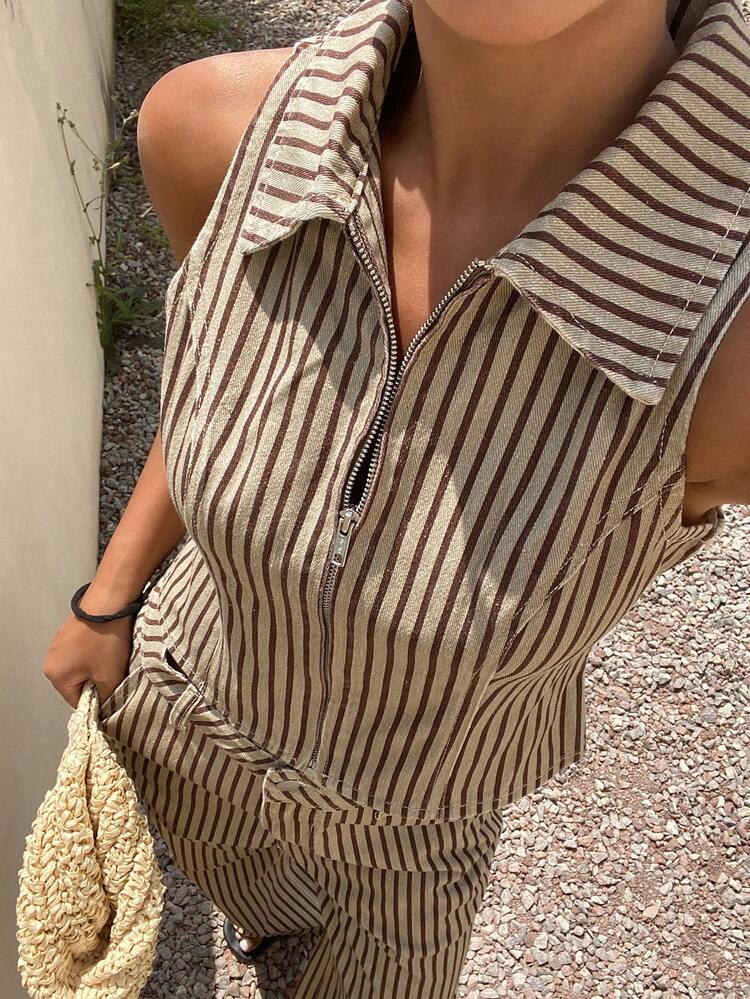 Women's Fashion Striped Zip-Up Jacket And Casual Pockets Jeans Pants Set