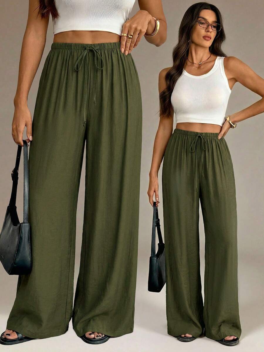 SHEIN Tall 軍綠色夏季時尚度假女款寬腿褲,優雅高腰寬鬆直筒長褲,適合上班、辦公室、休閒街頭穿搭與Y2K時尚,適合高個女性 - 橄欖綠 - 查看 1