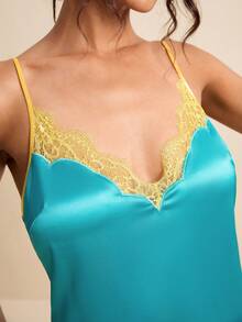 SURIMA Women's Spring/Summer Teal Satin Patchwork V-Neck Lace Trim Spaghetti Strap Mini Dress Night Out Date Night Sexy - Green - View 7