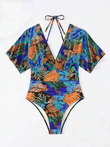 SHEIN Swim Summer Beach Women Short-Sleeved One-Piece Swimsuit With Vacation Plant Print - Multicolor - View 4