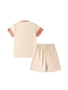 Manfinity Homme Herren Geometrisches Muster Knopfleiste Kurzarm Hemd und Shorts Freizeitanzug - Khaki - Übersicht 2