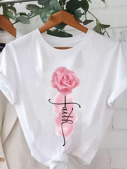 EMERY ROSE Tricou elegant, tricou elastic cu mânecă scurtă, guler rotund, cu imprimeu grafic cu trandafiri și slogan, topuri pentru femei