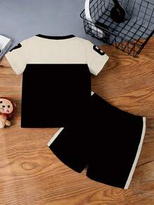 2pcs Baby Boy Sports Casual Set, Logo Number Graphic Print Crew Neck Short Sleeve Top With Number Print Shorts, Suitable For Outings, Summer Number Ball Uniform, Black And White Color Block 67 Sports Ball Uniform - Multicolor - View 2