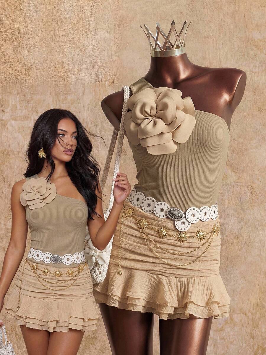 Elin Vora Top Delgado De Un Solo Hombro Con Decoración De Flores Tridimensional De unicolor Exagerado De Moda De Verano - Caqui - Ver 1