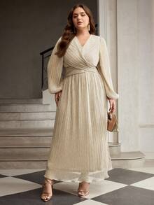 ZEYLAH Plus Size Women V-Neck Ruched Waist Elegant Casual Formal Party Bussines Wedding Dress Wedding Champagne Autumn - Apricot - View 5