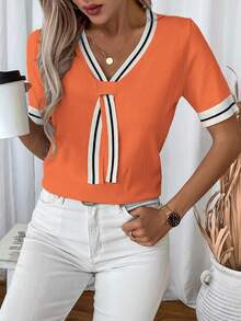 EMERY ROSE Áo dệt kim tay ngắn phối viền tương phản dành cho nữ - trái cam - Xem 4