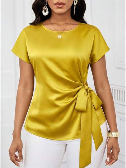 SHEIN Lady Áo sơ mi nữ thanh lịch, màu trơn, cổ tròn, thắt nơ