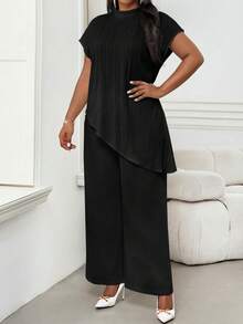 SHEIN Lady Plus Size Women Solid Color Bat Sleeve Asymmetric Hem Casual Top - Black - View 6