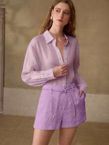MOTF PREMIUM WOMEN'S 100% LINEN LONG SLEEVE SHIRT, SUITABLE FOR DAILY, DATING AND COMMUTING, SPRING/SUMMER - Purple - View 5