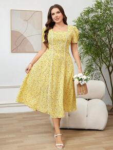 SHEIN Clasi 大码女式优雅碎花连衣裙 - 黃色 - 查看 8