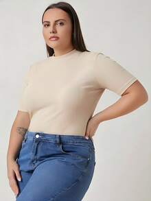 SHEIN BASICS 大码女式纯色短袖修身针织T恤 - 杏色 - 查看 3