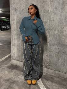 SHEIN Unity 女士蓝色收腰Y2K复古街头风2000年代风格休闲通勤返校长袖衬衫 - 藍色 - 查看 5