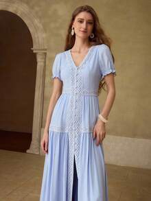 MOTF PREMIUM 蓝色浪漫撞色花边优雅连衣裙 - 藍色 - 查看 4