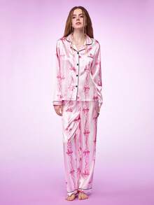 Notgurli Ribbon Bow Print Faux Silk Lapel Pajama Set , Fall Winter Clothes Cozy And Elegant Details - Multicolor - View 4
