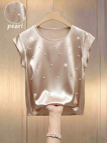 GlowEve 女士优雅圆领荷叶袖T恤，光滑面料，珍珠点缀，休闲上衣，日常通勤夏季度假女式衬衫 - 香檳色 - 查看 3