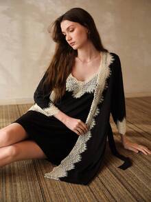 MOTF PREMIUM MID-SLEEVE CONTRAST COLOR LACE PATCHWORK BELTED ROBE - Black and White - View 5