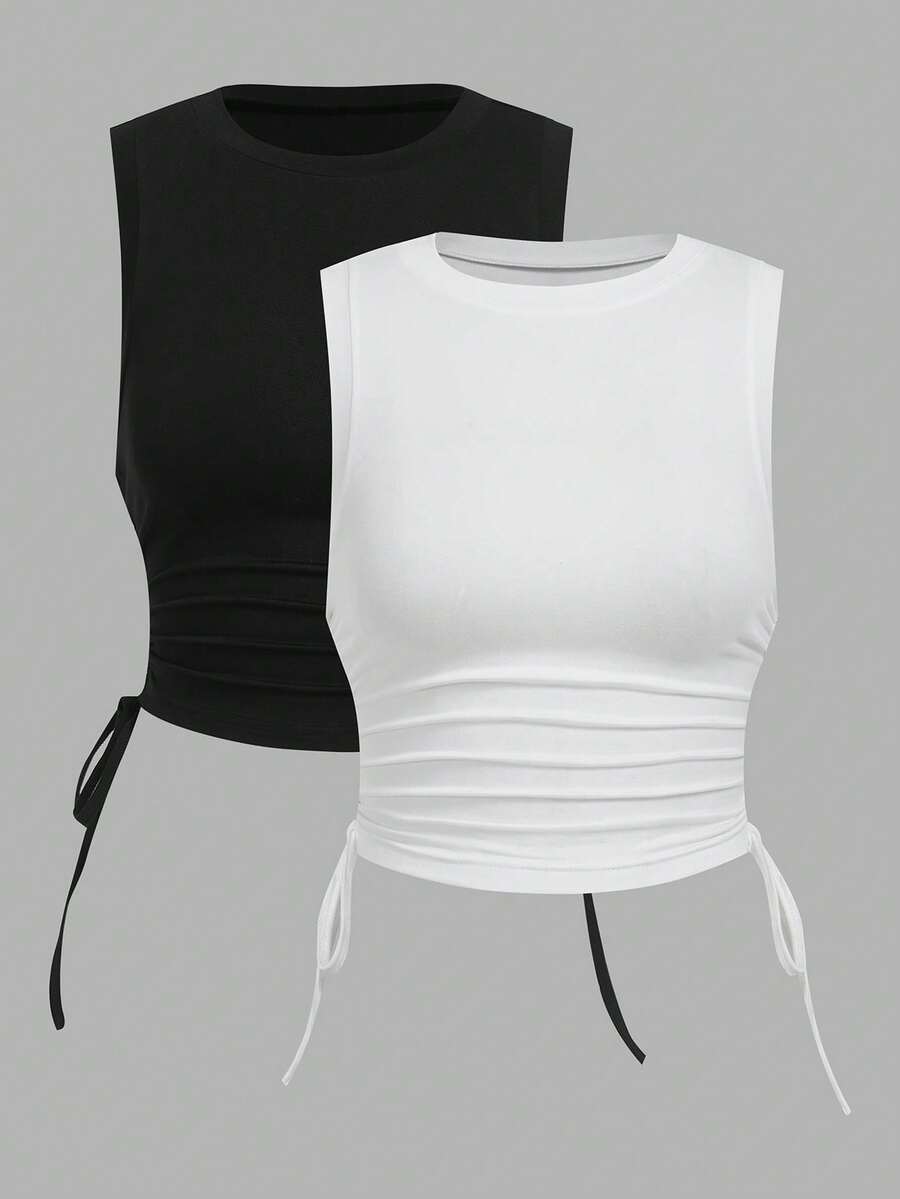 Comfortcana 2 chiếc áo tank top dây rút màu đen trắng, kiểu dáng đa năng phù hợp cho mùa hè. - Nhiều màu - Xem 1