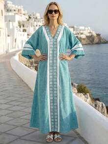 Omancia Standard Size Women V-Neck Digital Print Casual Midi Dress - Green - View 7