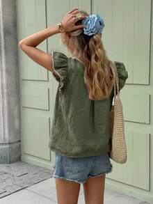 Serisse Women's Mandarin Collar Front Button Floral Embroidery Casual Versatile Daily Wear Blouse With Flutter Sleeves,Summer Top - Army Green - View 3