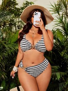 Swim Chiccia Conjunto de biquíni listrado plus size - Preto e Branco - Ver 5