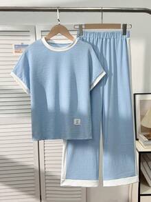 Tween Girls Casual All-Match Versatile Daily Wear Black & White Contrast Trim Round Neck Raglan Sleeve T-Shirt + Straight Leg Knit Pants Set - Blue - View 3