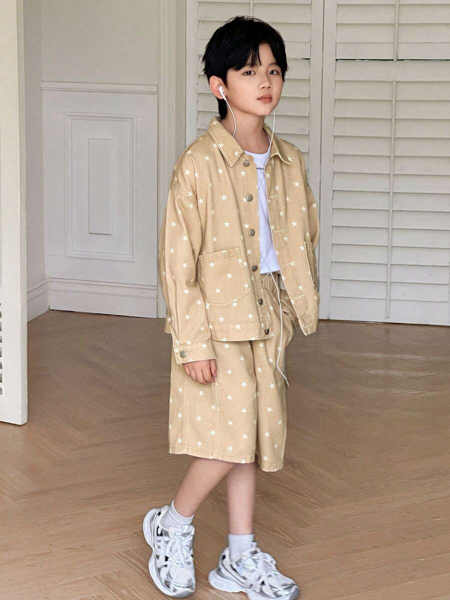 Bộ áo khoác và quần short denim in hình ngôi sao dành cho bé trai tuổi teen - Màu Khaki - Xem 1