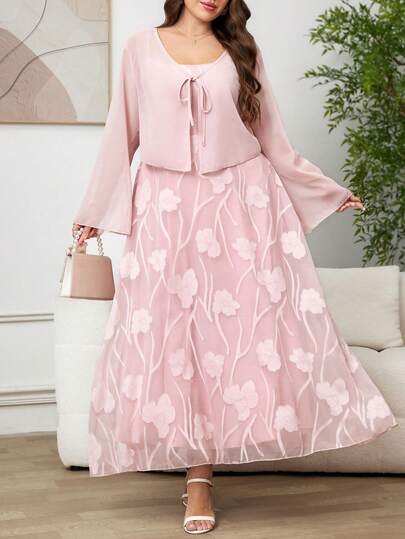 SHEIN Clasi 大码优雅纯色喇叭袖上衣和镂空下摆连衣裙两件套