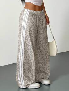 SHEIN PETITE Women's Elastic Waist Casual Versatile Commuting Wide Leg Sweatpants Cheetah Print Bottoms - Multicolor - View 7