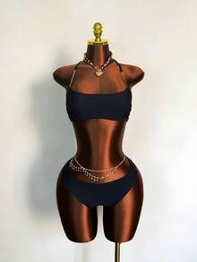 Slaydiva 女士黑色比基尼套装，适合拍照、度假、游泳、健身、海滩、日光浴，时尚简约，透明肩带，泳池派对，凸显身材，春夏款 - 黑色 - 查看 9