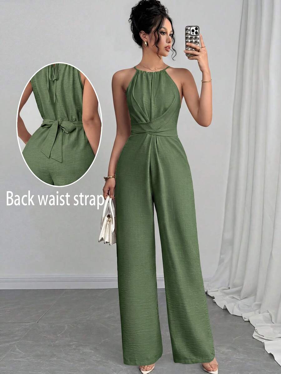 Firerie Jumpsuit Wanita Kasual Musim Panas Warna Polos dengan Pinggang Terikat dan Model Halter - Hijau Tentara - View 1