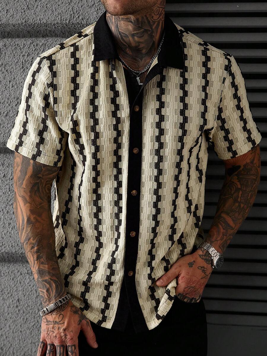 Manfinity CasualCool 男士全印花纽扣前开襟休闲短袖衬衫，夏季 - 綠色 - 查看 1