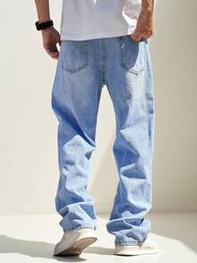 RONVEXI Men Cotton Bleach Wash Straight Leg Jeans, Plain Long Washed Baggy Light Blue Cargo Jeans, For Husband, Boyfriend Gifts Work Going Out Urban Vacation - Light Wash - View 2
