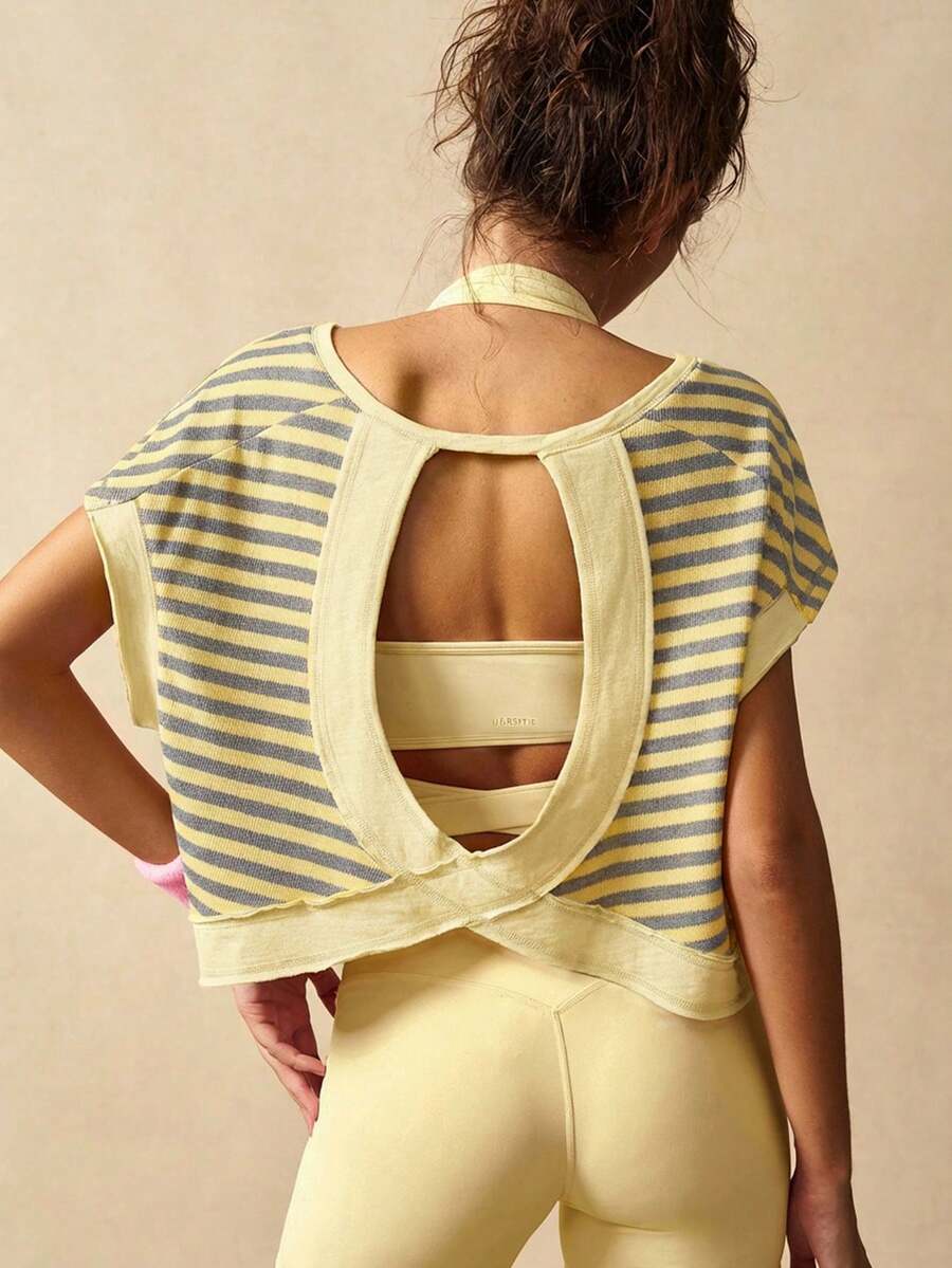 VARSIVA Round Neck Short Sleeve Backless Striped Casual Loose Summer Sports Tank Top - Yellow - View 1