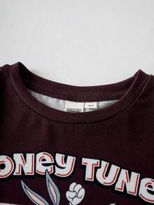 LOONEY TUNES X SHEIN Toddler Boy Colorblock Striped Cartoon Letter Print Short Sleeve T-Shirt - Apricot - View 4