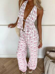 SHEIN EZwear Bộ đồ mặc nhà màu hồng thêu họa tiết dành cho nữ - Hồng - Xem 4