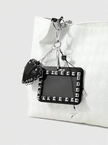 ROMWE 1 Y2k Retro Personalized Fashion Heavy Industry Punk Dark Wind Goth Black Leather Rivets Hand-Sewn Edge Three-Dimensional Cotton Filling Love Knotted Lace Resin Dice Ancient Silver Strawberry Star Acrylic Horizontal Card Sliding Cover Card Campus Card ID Card Cover Work Card Cover Star Card Travel Traffic Card Cover DIY Keychain Bag Pendant, Suitable For Office Workers, Students, Party Girls And Ladies Daily Wear, Holiday Gifts - Black-152 - View 4