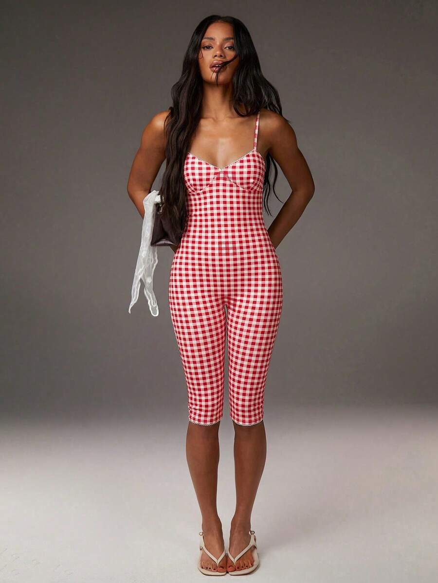 Athîral Women's Plaid Minimalist Casual Jumpsuit - Pink - View 1