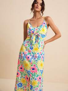 LOTSLUV Vestido largo con escote en V profundo, amarrado al frente, estampado, con cintura alta y abertura frontal, silueta en línea A para vacaciones y ocio - Azul Wander - Ver 7