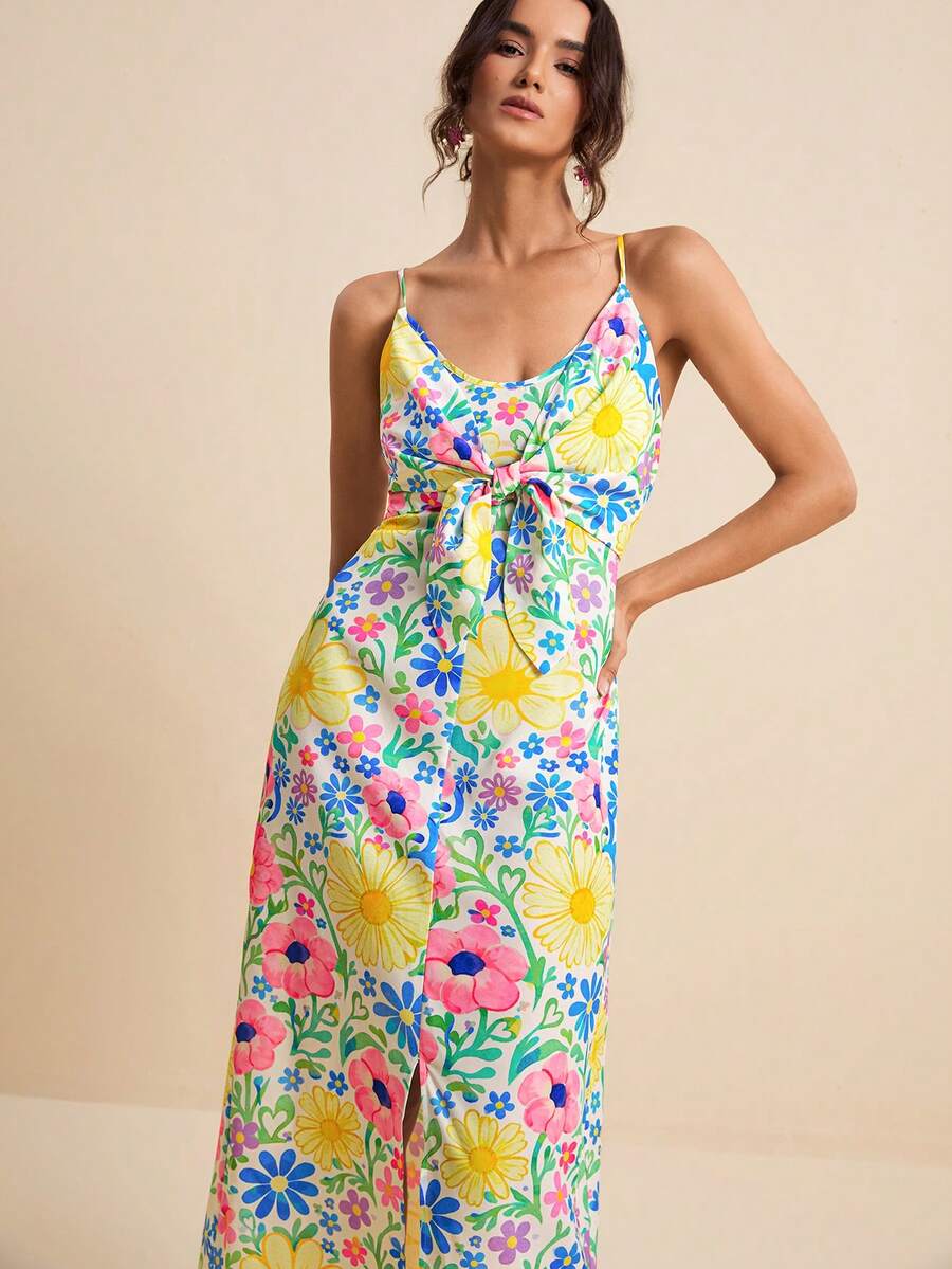 LOTSLUV Deep V-Neck Tie Front Printed Cami Maxi Dress With High Waist And Front Slit, A-Line Silhouette For Vacation & Leisure - Wander Blue - View 1