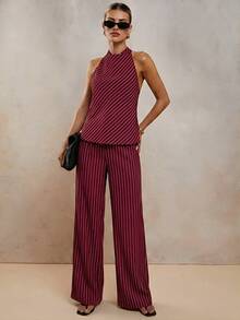 COSMINA Women's Elegant Vacation Striped Halter Two Pieces Set, Spring/Summer,Vacation Outfits Women - Red - View 4