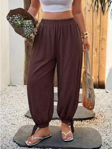 Modelyn Plus Size Women's Elegant Casual Cinched Waist Loose Harem Pants, Solid Color, Spring/Summer - Brown - View 5
