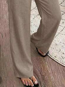 Pariaura 女士纯色纹理面料休闲宽松裤，度假休闲裤 - 棕色 - 查看 3