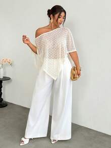 Firerie 女士优雅休闲度假婚礼夏威夷波点不对称领针织上衣 - 杏色 - 查看 4