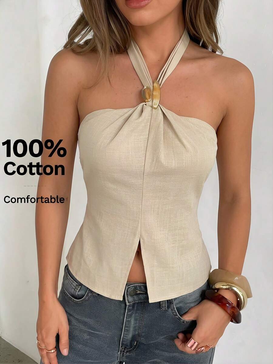 Aloruh Áo kiểu nữ mùa Xuân/Hè thanh lịch, thoải mái, thường ngày, chất liệu cotton lanh, cổ yếm, đính kim loại, xẻ tà, thắt eo. Áo cao cấp cho nữ, áo hở lưng, áo nơ cho nữ, áo thường ngày cho nữ, 100% cotton, áo mùa hè.