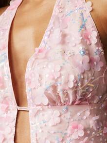 MISSGUIDED Áo hai dây màu hồng đính sequin dành cho nữ, họa tiết hoa và đá quý, cổ khoét sâu, thích hợp cho tiệc tùng, dạ hội, lễ hội mùa hè. - Hồng - Xem 5