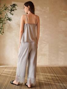MOTF PREMIUM LACE TRIM PATCHWORK KNIT COMFORTABLE & ELEGANT PAJAMA SET - Grey - View 3