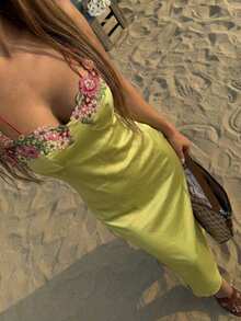 Joudiya Mustard Yellow Sleeveless Midi Dress With Laser Cut Floral Embroidery Trim, Fitted Silhouette, Suitable For Music Festivals, Valentine's Day, Weddings, Casual Beach Vacations - Olive Green - View 1