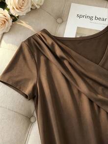 Franclia Camiseta casual de mujer de manga corta con cuello y empalme - Marrón - Ver 6