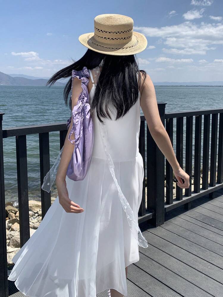 Solid Color Loose Mesh Patchwork Spaghetti Strap Midi Dress, Casual Summer Vacation Dress For Women