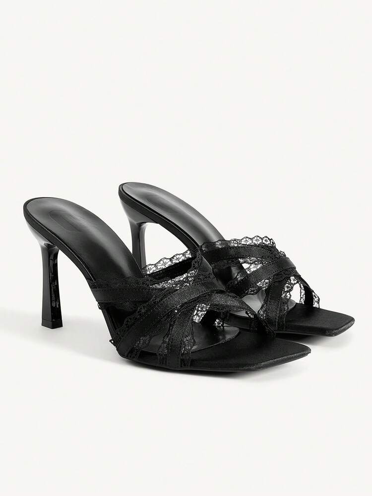 CUCCOO CHICEST Women Shoes Spring And Summer New Square Toe Stiletto Black Lace Thin Strip Women's High Heel Sandals Fashion Comfortable Versatile Elegant Sexy Party Women Sandals Slippers Women's Shoes